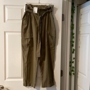 H&M High Waisted Paperbag Waist Olive Green Cargo Pants